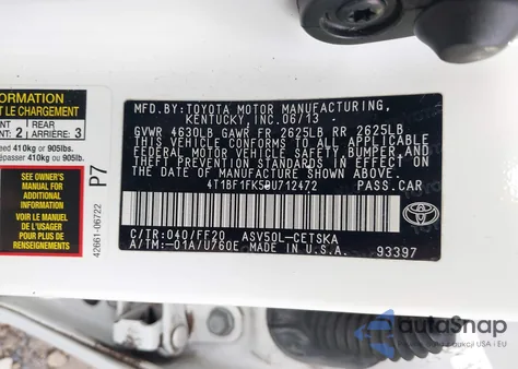 2013 Toyota Camry Se from USA, damaged, VIN 4T1BF1FK5DU712472